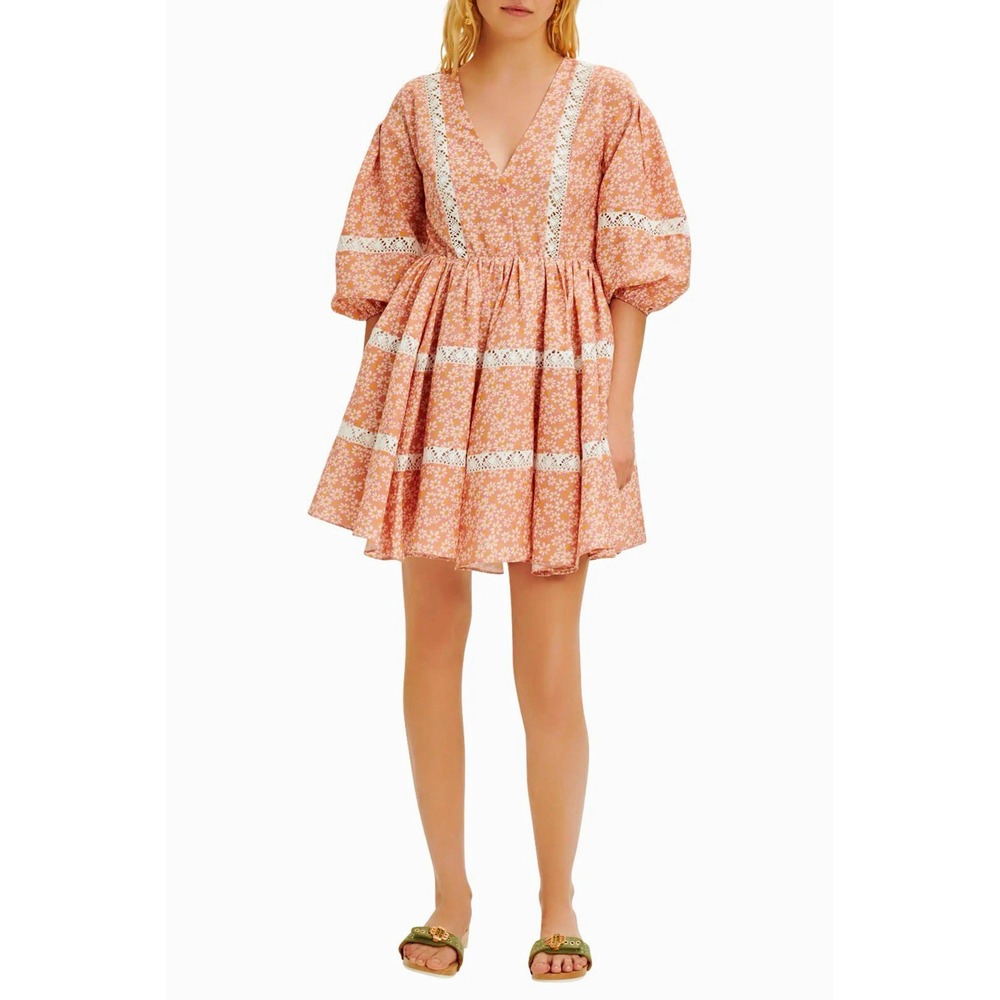 Maje NWT Pink Floral Fit & Flare Short Dress V-Neck 3/4 Puff Sleeve Lace Trim 8